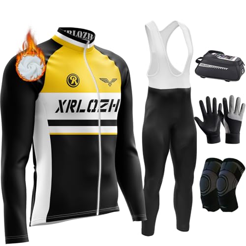 Herren Radtrikot Set, Winter Warm Fleece Atmungsaktiv Quick-Dry Lange Ärmel Radsport-Shirt + Gel Gepolsterte Lange Hosen MTB Bike Riding Clothing Kit (TYP-9,XL) von XRLQZH