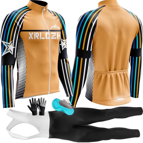 Radtrikot Set,Winter Fahrradbekleidung Herren Radsportanzüge Mit Thermofleecefutter Langarmtrikot Winter Radtrikot Set Mit 9D Polster Hosen Für MTB Rennrad (TYP-B5,XXL) von XRLQZH