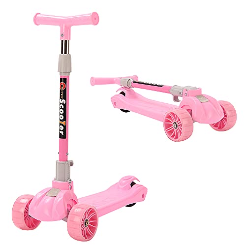 XUANYU Tretroller mit 3 Rädern, höhenverstellbar, Lenker, Mini-Trotroller für Kinder mit Leuchten, klappbares Skateboard für Kinder, Roller (Rosa) von XUANYU