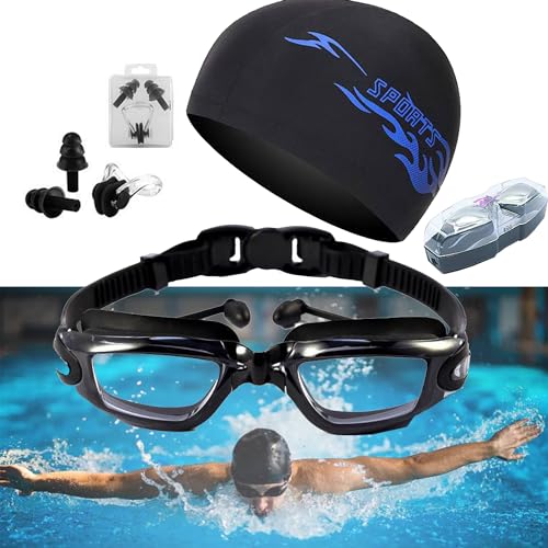 XUBX Unisex Schwimmbrille und Badekappen mit Nasenclip, Ohrstöpsel, Anti-Beschlag, UV-Schutz, wasserdicht, Taucherbrille Erwachsene für Herren Damen XUBX Unisex Schwimmbrille und Badekappen mit Nasenclip, Ohrstöpsel, Anti-Beschlag, UV-Schutz, wasserdicht, Taucherbrille Erwachsene für Herren Damen von XUBX
