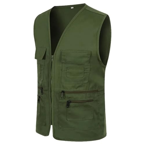 Angelweste Herren-Weste mit mehreren Taschen, lässige Angelweste, einfarbige Overalls for Herren, ärmellos, Reißverschluss, Direktor-Weste Zum Angeln Wandern Camping Fotografie(Deep Green,4XL) von XUCZHAI