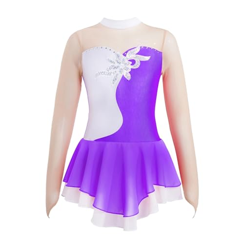 Eiskunstlauf-Kleid Eiskunstlauf-Kleid mit Blumenmuster, for Kinder, Mädchen, Pailletten, langärmelig, Gymnastikanzug, Tanzkleidung for Tanzwettbewerb, Kostüm FüR Eislaufen Wettbewerb(Purple,14) von XUCZHAI