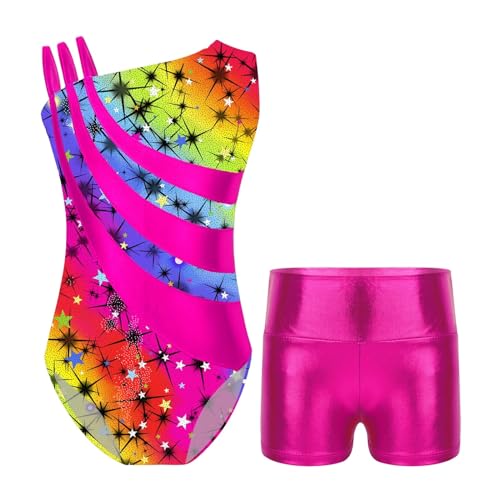 XUCZHAI Ärmelloses bedrucktes Ballett-Tutu for Kinder, Gymnastikanzug, glänzende metallische Tanzbekleidung, Kinder-Gymnastikoverall for Mädchen, Bodysuit(Starry Rainbow,4) von XUCZHAI