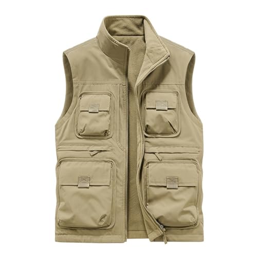 XUCZHAI Angelweste Arbeitsweste for Herren, Angelbekleidung, Wintermantel, ärmellose Jacke, Jeanswesten, Netzjacken mit Mehreren Taschen Zum Angeln Wandern Camping Fotografie(Khaki,4XL 95-100KG) von XUCZHAI