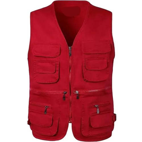 XUCZHAI Angelweste Outdoor Bergsteigen Weste Herrenmode Einfarbig Ärmelloser Reißverschluss Atmungsaktive Weste Wandern Angeln Fotografen Weste Zum Angeln Wandern Camping Fotografie(Red,4XL) von XUCZHAI