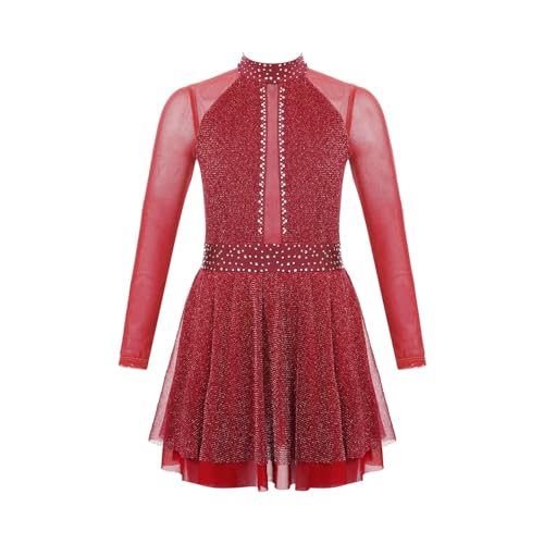 XUCZHAI Eiskunstlauf-Kleid Eiskunstlaufkleid for Mädchen, Kinder, Ballett, Gymnastik, Trikotkleid, Kinder-Performance, Mesh, langärmelig, lyrische Tanzbekleidung FüR Eislaufen Wettbewerb(Burgundy,14) von XUCZHAI