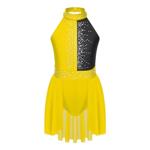 XUCZHAI Eiskunstlauf-Kleid Kinder Mädchen Eislaufen Kleid Gymnastik Trikot Glänzenden Strass Rückenfreies Eiskunstlauf Kleid Kinder Lyrical Dance Kostüm FüR Eislaufen Wettbewerb(YellowBlack,10) von XUCZHAI