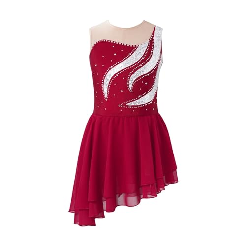 XUCZHAI Eiskunstlauf-Kleid Kinder Mädchen Eislaufen Kleidung Ärmellose Gymnastik Trikot Pailletten Strass Tanzen Kleidung Teenager Eiskunstlauf Kleid FüR Eislaufen Wettbewerb(Burgundy,10) von XUCZHAI