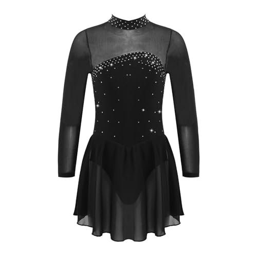 XUCZHAI Eiskunstlauf-Kleid Kinder Mädchen Glänzende Strass Lange Ärmel Schlüsselloch Zurück Tanzen Trikot Kleid Kinder EIS Roller Eiskunstlauf Kleid Tanz kostüm FüR Eislaufen Wettbewerb(Black,12) von XUCZHAI