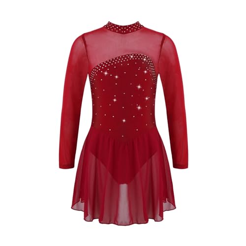 XUCZHAI Eiskunstlauf-Kleid Kinder Mädchen Glänzende Strass Lange Ärmel Schlüsselloch Zurück Tanzen Trikot Kleid Kinder EIS Roller Eiskunstlauf Kleid Tanz kostüm FüR Eislaufen Wettbewerb(Burgundy,10) von XUCZHAI