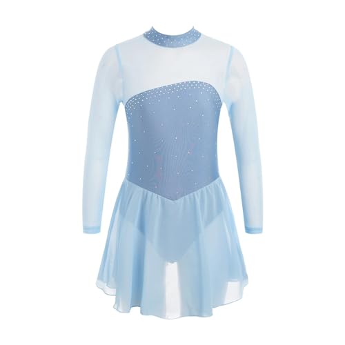 XUCZHAI Eiskunstlauf-Kleid Kinder Mädchen Glänzende Strass Lange Ärmel Schlüsselloch Zurück Tanzen Trikot Kleid Kinder EIS Roller Eiskunstlauf Kleid Tanz kostüm FüR Eislaufen Wettbewerb(Sky Blue,10) von XUCZHAI