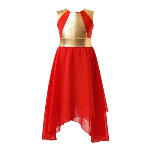 XUCZHAI Eiskunstlauf-Kleid Kinder Mädchen Lyrical Dance Kostüm Dancewear Farbblock Gymnastik Trikot Kleid Teenager Langarm Unregelmäßige Saum Ballett Kleider FüR Eislaufen Wettbewerb(Red,8) von XUCZHAI