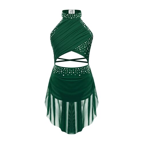 XUCZHAI Eiskunstlauf-Kleid Kinder Mädchen Modern Lyrical Dance Kostüm Ballett Kleid Gymnastik Eislaufen Kleid Kinder Rückenfreies Sheer Mesh Trikot Tutu FüR Eislaufen Wettbewerb(Green,12) von XUCZHAI