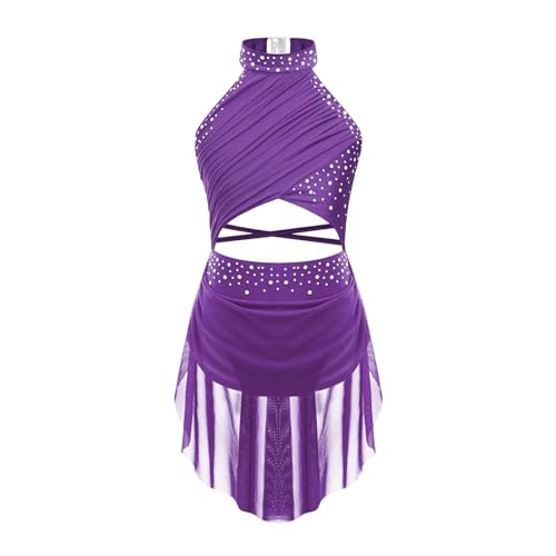 XUCZHAI Eiskunstlauf-Kleid Kinder Mädchen Modern Lyrical Dance Kostüm Ballett Kleid Gymnastik Eislaufen Kleid Kinder Rückenfreies Sheer Mesh Trikot Tutu FüR Eislaufen Wettbewerb(Purple,6) von XUCZHAI