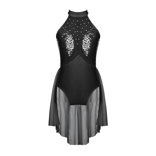 XUCZHAI Eiskunstlauf-Kleid Kinder Mädchen Pailletten Sheer Mesh Patchwork Ballett Kleid Gymnastik Trikot Ärmellose Eiskunstlauf Kleider Lyrical Dance Kostüm FüR Eislaufen Wettbewerb(Black,12) von XUCZHAI