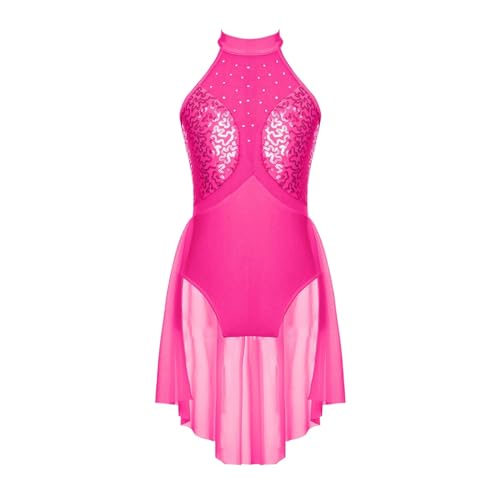 XUCZHAI Eiskunstlauf-Kleid Kinder Mädchen Pailletten Sheer Mesh Patchwork Ballett Kleid Gymnastik Trikot Ärmellose Eiskunstlauf Kleider Lyrical Dance Kostüm FüR Eislaufen Wettbewerb(Pink,14) von XUCZHAI