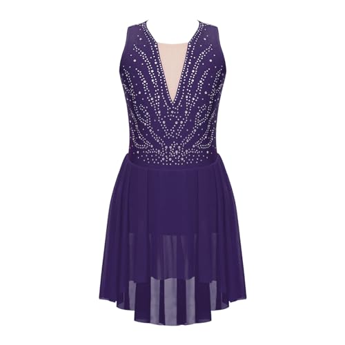 XUCZHAI Eiskunstlauf-Kleid Kinder Strass Eiskunstlauf Kleid Lyrical Dance Kostüm Kinder Mädchen Gymnastik Letard Ballett Kleid Leistung Kleidung FüR Eislaufen Wettbewerb(Purple,14) von XUCZHAI