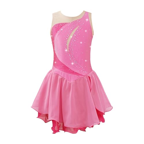 XUCZHAI Eiskunstlauf-Kleid Mädchen Eislaufen Kostüm Kinder Eiskunstlauf Kleid Ärmelloses Strass Patchwork Ballett Gymnastik Tanz Trikot Kleid FüR Eislaufen Wettbewerb(Pink,10) von XUCZHAI