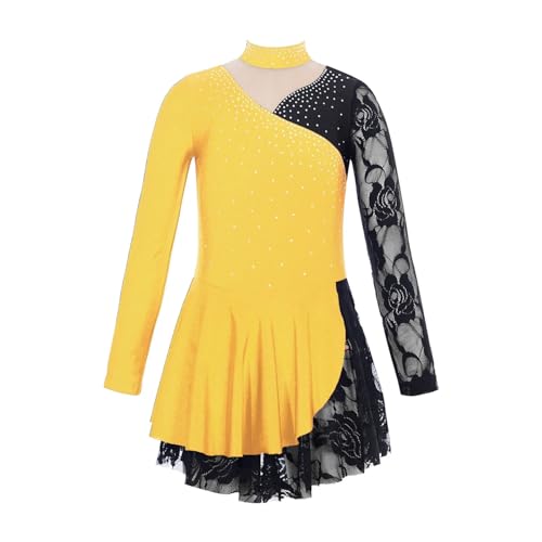 XUCZHAI Eiskunstlauf-Kleid Mädchen Gymnastik Trikot Ballerina Tutu Kinder Eiskunstlauf Kostüm Strass Langarm Spitze Ballett Lyrical Tanzkleid FüR Eislaufen Wettbewerb(Yellow,10) von XUCZHAI