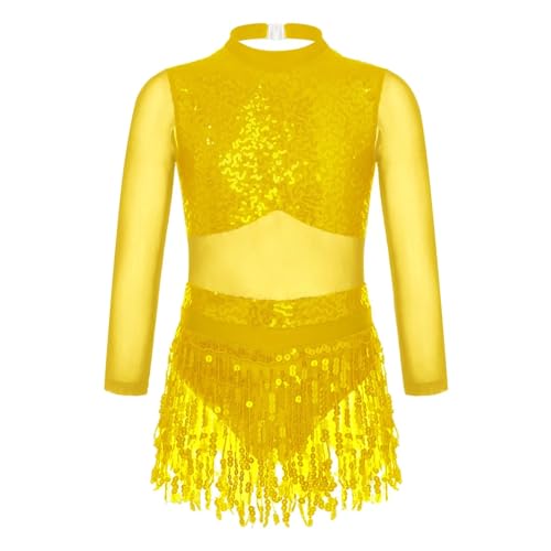 XUCZHAI Eiskunstlauf-Kleid Mädchen Pailletten Gymnastik Trikot Kleid Kinder Tanzen Kostüm Mesh Langarm Eiskunstlauf Kleid Leistung Dancewear FüR Eislaufen Wettbewerb(Gold C,16) von XUCZHAI