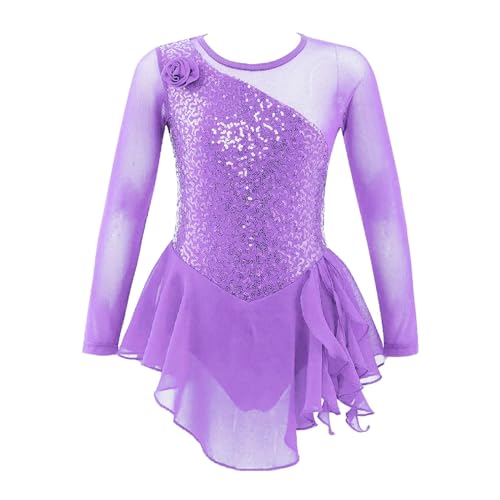 XUCZHAI Eiskunstlauf-Kleid Mädchen Pailletten Gymnastik Trikot Kleid Kinder Tanzen Kostüm Mesh Langarm Eiskunstlauf Kleid Leistung Dancewear FüR Eislaufen Wettbewerb(Light Purple A,12) von XUCZHAI