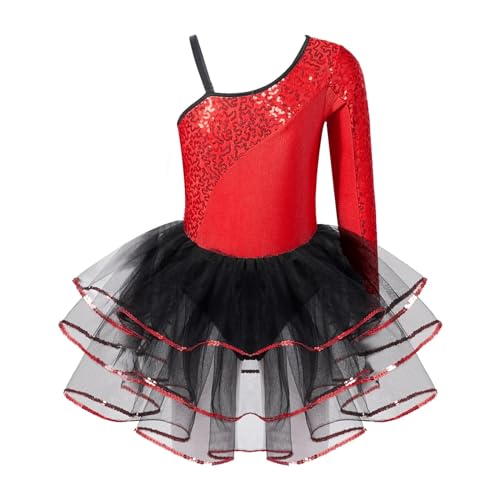 XUCZHAI Eiskunstlauf-Kleid Mädchen Pailletten Gymnastik Trikot Kleid Kinder Tanzen Kostüm Mesh Langarm Eiskunstlauf Kleid Leistung Dancewear FüR Eislaufen Wettbewerb(Red B,12) von XUCZHAI