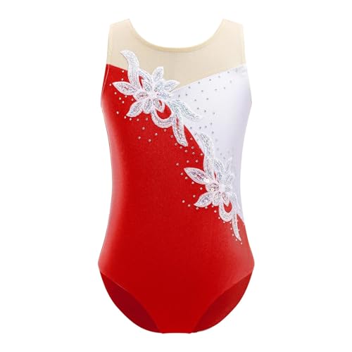 XUCZHAI Gymnastik Trikot Kinder Mädchen Mesh Splice Pailletten Ballett Tanz Trikots Body Childs EIS Eiskunstlauf Tanzen Overall(Red,10) von XUCZHAI