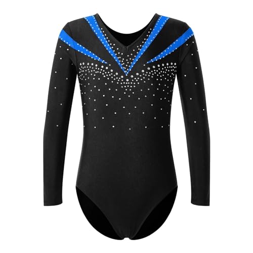 XUCZHAI Kinder Ballett Tanz Trikot Gymnastik Overall Kinder Mädchen Langarm Glänzenden Strass Abbildung Eislaufen Body Dancewear(Blue,16) von XUCZHAI