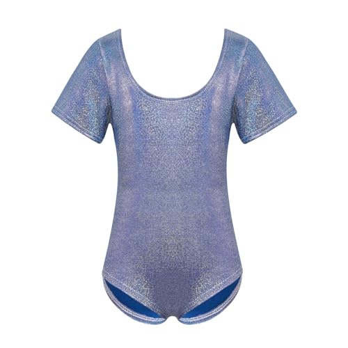 XUCZHAI Kinder-Gymnastik-Body for Mädchen, kurzärmelig, glitzernde Ballett-Tanz-Trikots, Kinder-Skating-Overall, Yoga-Trainingskleidung(Blue,110 4-5) von XUCZHAI