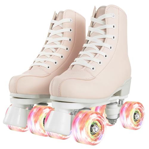 XUDREZ Roller Skates für Damen und Mädchen, leuchtende Derby-Skates, zweireihig, rosa Rollschuhe für Jugendliche, Erwachsene, Anfänger, drinnen und draußen (40-9,7 Zoll) von XUDREZ