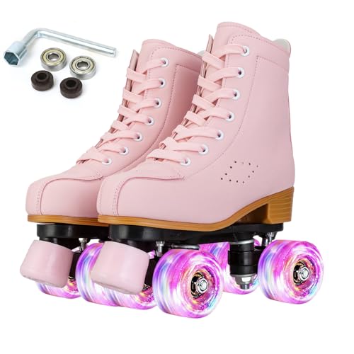 XUDREZ Rollschuhe für Damen, zweireihig, vier Räder, Derby-Skates für Erwachsene, Anfänger, drinnen und draußen, Rosa (EUR37 - 24 cm, hellrosa blinkendes Rad) von XUDREZ