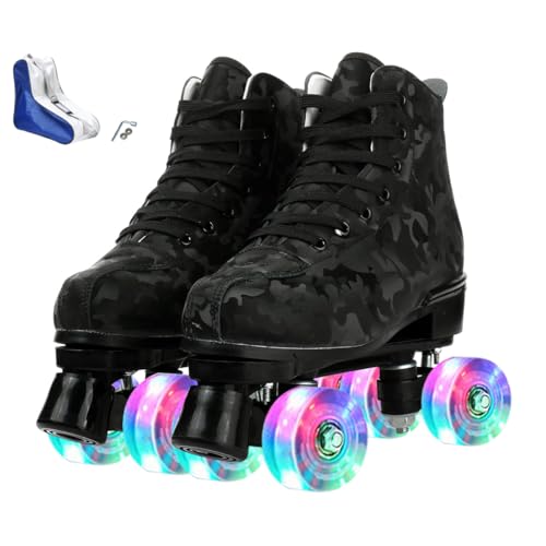 XUDREZ Rollschuhe für Damen und Herren, hochgeschlossen, beleuchtet, Derby-Skates, zweireihig, Unisex, für Jungen und Mädchen, für Anfänger, drinnen und draußen, mit Schuhtasche, Schwarz mit XUDREZ Rollschuhe für Damen und Herren, hochgeschlossen, beleuchtet, Derby-Skates, zweireihig, Unisex, für Jungen und Mädchen, für Anfänger, drinnen und draußen, mit Schuhtasche, Schwarz mit von XUDREZ