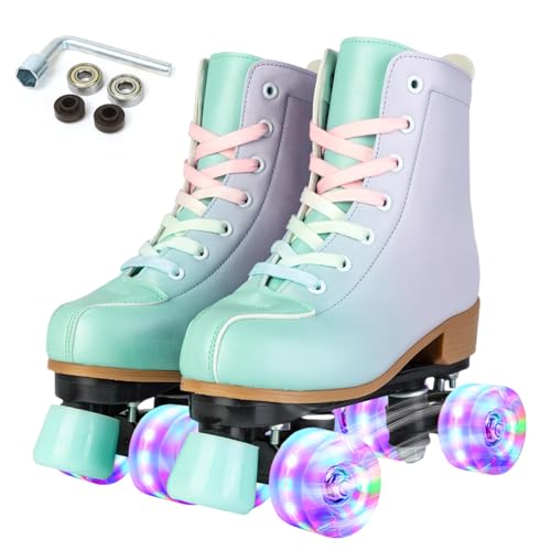 XUDREZ Rollschuhe für Mädchen und Damen, Derby-Skates für Erwachsene, beleuchtet, zweireihig, verstellbar, PU-Skates für Kinder, Anfänger, Outdoor (grün-violettes blinkendes Rad 36) von XUDREZ