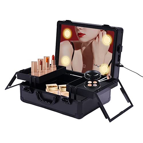 Reise Make-up Tasche, Kosmetikkoffer mit beleuchtetem Spiegel, Schlüssel, LED Lichter und Steckdosen, wasserdichte Makeup Box für Kosmetika, Hautpflege (Schwarz) von XUEMANSHOP