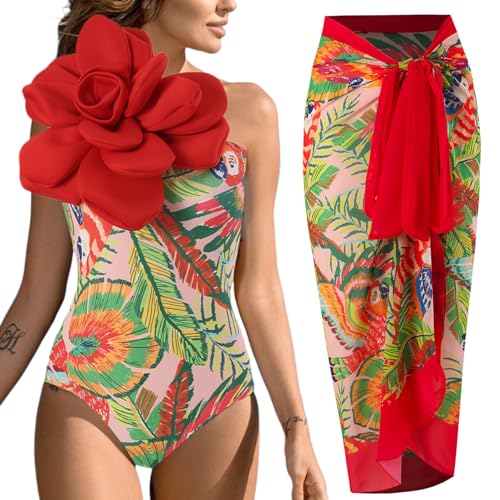 XUEYEGONGJI Badeanzug mit Deck-up-Set Retro Elegant Blumenmuster Badeanzug für Frauen mit großem 3D-Blumen-Polyester-Sommer-Einteilchen-Badeanzug mit Deck-Set für Beach Pool, XL von XUEYEGONGJI