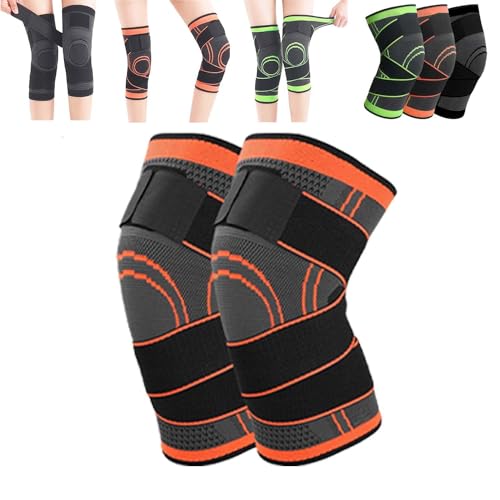 XUJIAY EIN Paar Kniebandagen Pro für Männer und Frauen, professionelle Kniebandage mit Druckgurt, leichte Kniebandage für Arthritis-Schmerzen und Stützkompresse (orange,L) von XUJIAY