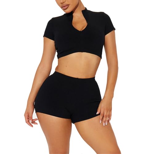 XUJIEE Damen-Trainingsanzüge Damen 2 Stück Outfits Kurze Weste Mode Solide Farbe Workout Sport Outfits Kurze Yoga-Kleidung Jogging Jogginganzüge Gerippte Sets Activewear-Color-2||M von XUJIEE