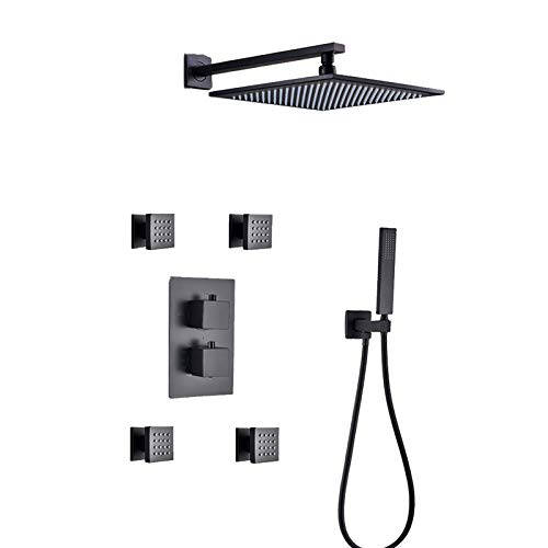 XUSHIQMG Mattschwarzes Regenduschsystem, thermostatisches Regenmisch-Dusch-Kombi-Set, an der Wand montiertes Badezimmer-Duscharmatur-Set mit Duschkopf, Handbrause, Körperdüsen, 10 Zoll von XUSHIQMG