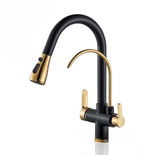 XUYOSDVQ 3-Wege-Wasserhahn, Küchenarmaturen, Mixer, herausziehbare Brause, Gold + Schwarz, Trinkhahn, Schwanenhals, 3-in-1 Küchenspüle Made in China von XUYOSDVQ