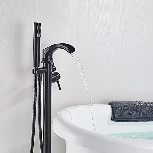 XUYOSDVQ Freistehender Wannenhahn Mattschwarz, Wasserfall-Badewannen-Duschmischbatterie, Badewannenhahn mit Handbrause, bodenmontierter Wannenhahn, Wannenfüllhahn Messing Made in China von XUYOSDVQ