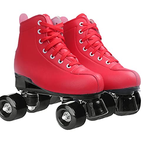 XVBVS Damen Rollschuhe, Fashion Red Zweireihige Skates, Indoor und Outdoor PU Leder High-Top Quad Rollschuhe für Anfänger Erwachsene Kinder Damen Mädchen (38,Schwarz) von XVBVS