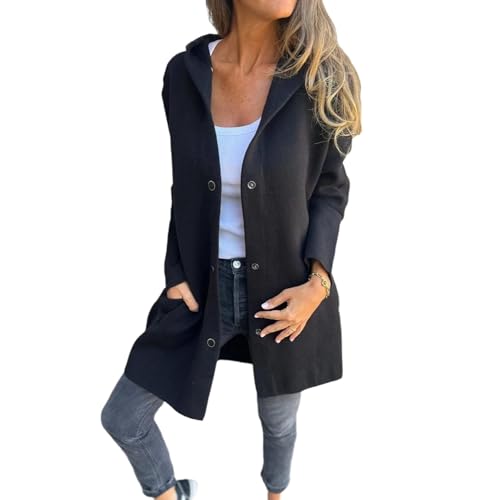 Lässige einreihige Kapuzenjacke, einreihiger Langer Mantel für Damen, Trenchcoat für Damen. (Black,2XL) von XVEPTKLQ