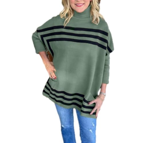 Pinklaura Pullover mit hohem Kragen und Fledermausärmeln, gestreifter Pullover mit hohem Kragen und Fledermausärmeln für Damen, Pinklaura Pullover mit Fledermausärmeln. (Green,XL) von XVEPTKLQ