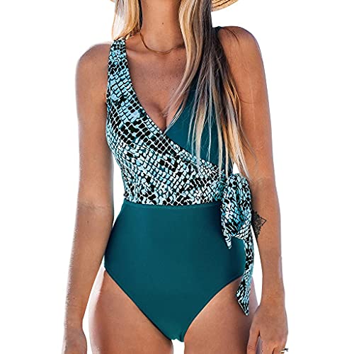 XWJLAILE Badeanzug-Bikini für Damen, Übergröße, Bauchkontrolle, Badebekleidung, Push-up-Badekleid, Blauer Aufdruck, Strandmode, Badeanzug (Farbe: Grün, Größe: Kleiner Code) (Grün X) von XWJLAILE