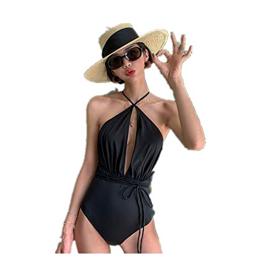 XWJLAILE Damen Einteiliger Reißverschluss-Bikini, schwarzer Badebekleidungs-Badeanzug, sexy ärmelloser Verband-Bikini mit V-Ausschnitt, gepolsterter BH, Bade-Badeanzug (Größe: L) (M) von XWJLAILE