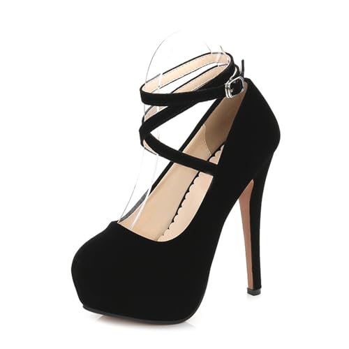 XWJLAILE Damen-Plateaupumps mit Kreuzschnürung, 5,5 Zoll hoher Absatz, geschlossene runde Zehen-Pumps, Kleid, Büro, Hochzeit, Schuhe für Damen von XWJLAILE