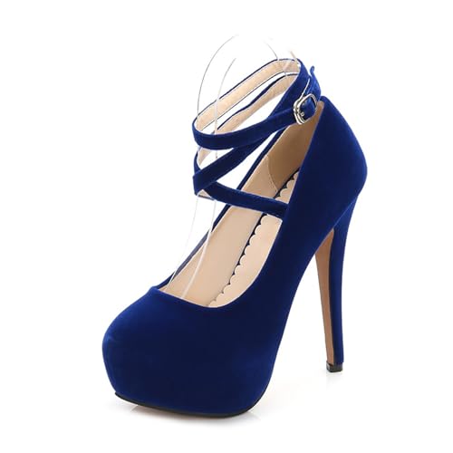 XWJLAILE Damen-Plateaupumps mit Kreuzschnürung, 5,5 Zoll hoher Absatz, geschlossene runde Zehen-Pumps, Kleid, Büro, Hochzeit, Schuhe für Damen von XWJLAILE