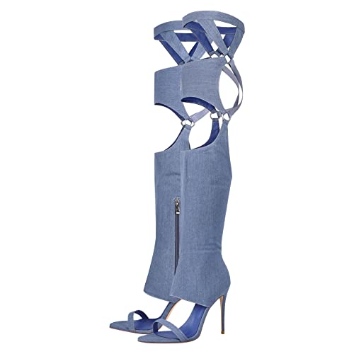 XWJLAILE Sexy Stiletto-Absätze, Langer Schaft, Jeans-Sandalen für Damen, Hosen mit Reißverschluss, Nachtclub, Tanzkleid von XWJLAILE