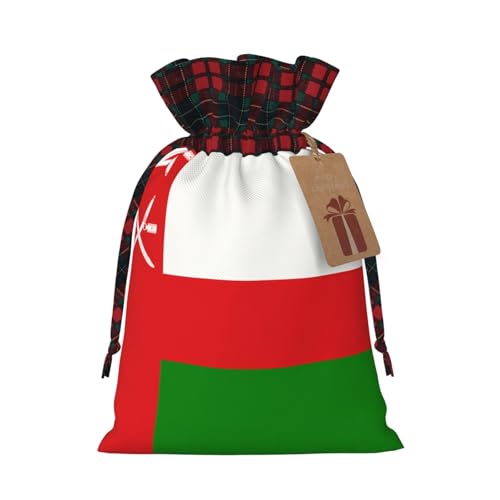 Jutebeutel mit Kordelzug, Motiv: Flagge von Oman, mit kariertem Stoff und Kraftpapieranhänger, leichte und langlebige Tasche Jutebeutel mit Kordelzug, Motiv: Flagge von Oman, mit kariertem Stoff und Kraftpapieranhänger, leichte und langlebige Tasche von XZDAL