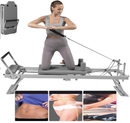 XZEIT Faltbare Pilates Reformer Maschine, Pilates Ausrüstung Home Workout, Reformer Maschine Anzug Mit 5 Edelstahl Federröhrchen Und Quadratkasten, Sprungbrett,Grau von XZEIT